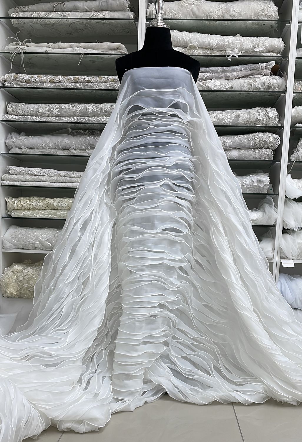 Wedding Dress Fabric Organza Horizontal  Frills-per m-142-01-WHITE