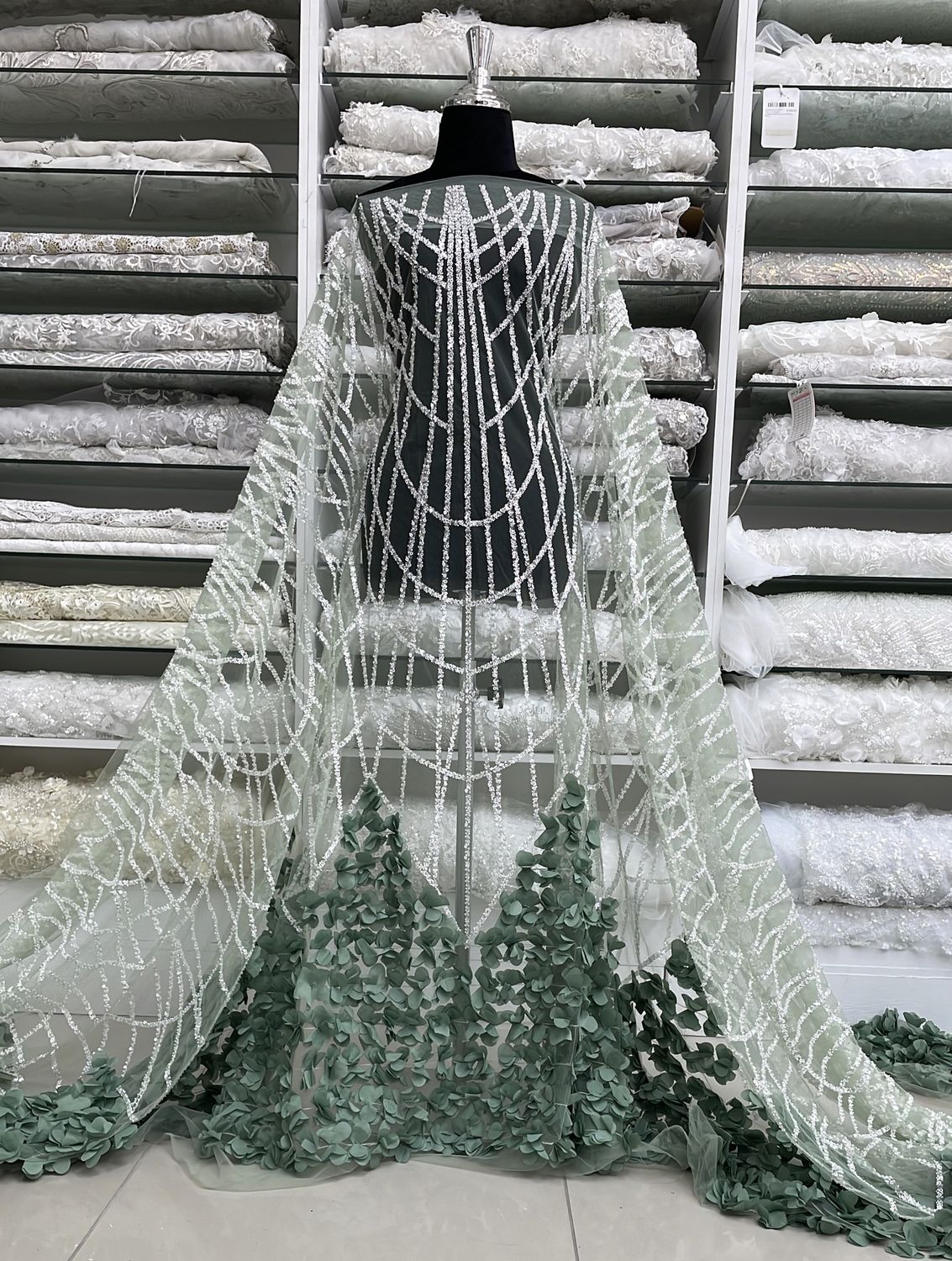 Dress Fabric Tulle Emb Bead Applique-per m-145-01-SAGE