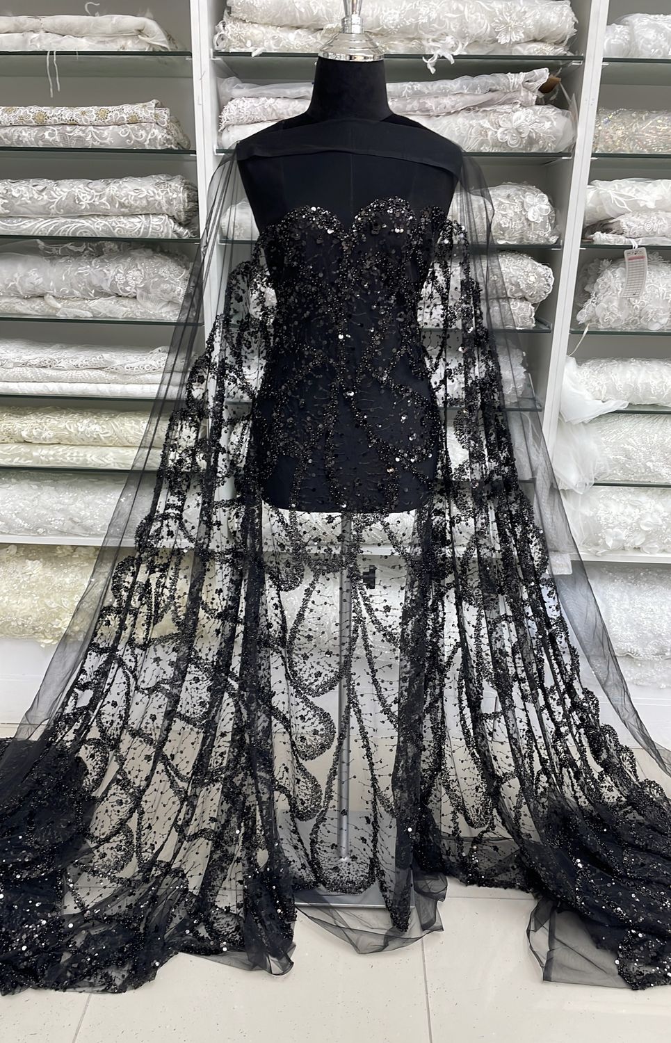 Dress Fabric Tulle Emb Bead-per m-137-01-BLACK
