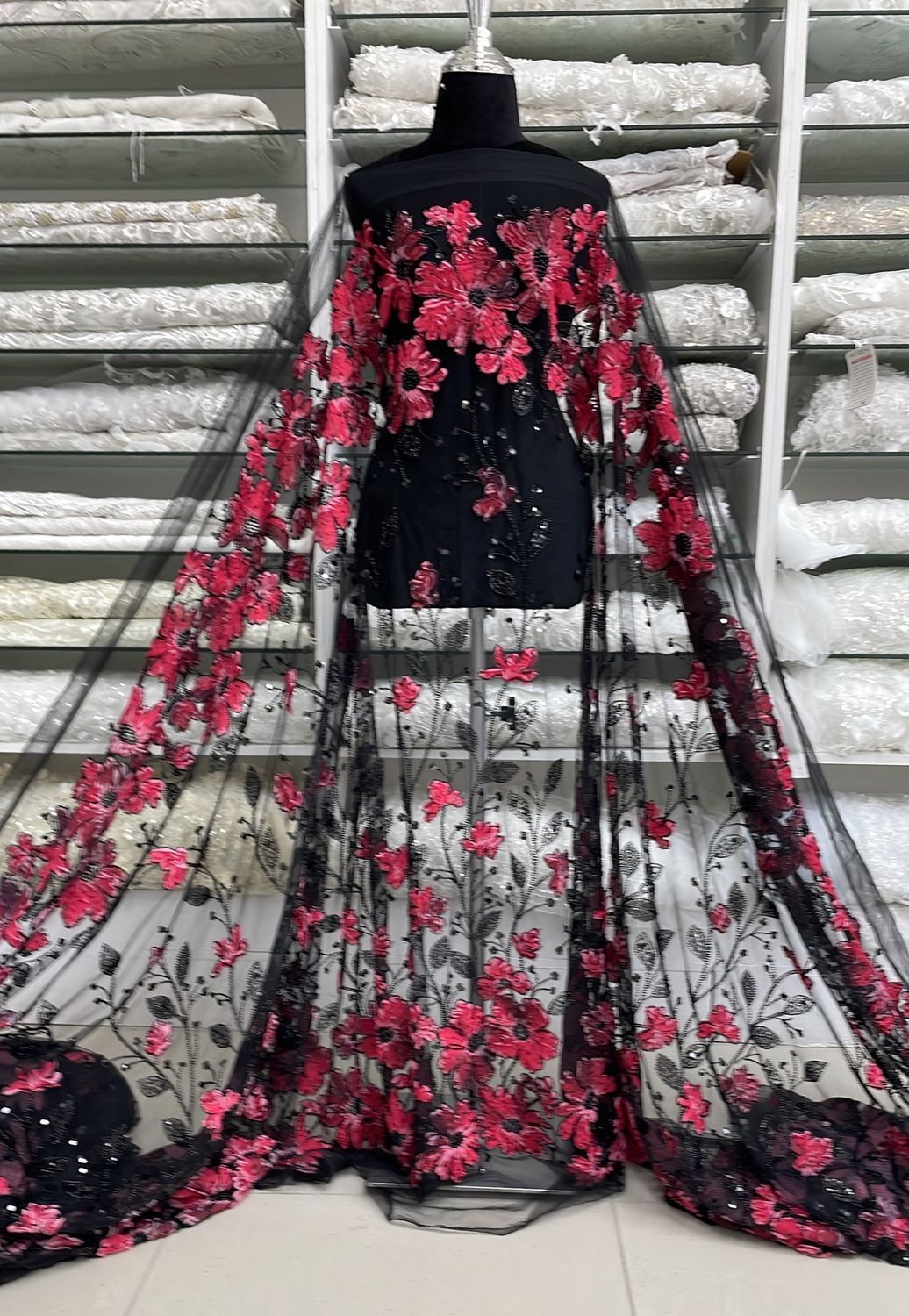 Dress Fabric Tulle Emb Bead Ribbon-per m-137-02-BLACK/RED