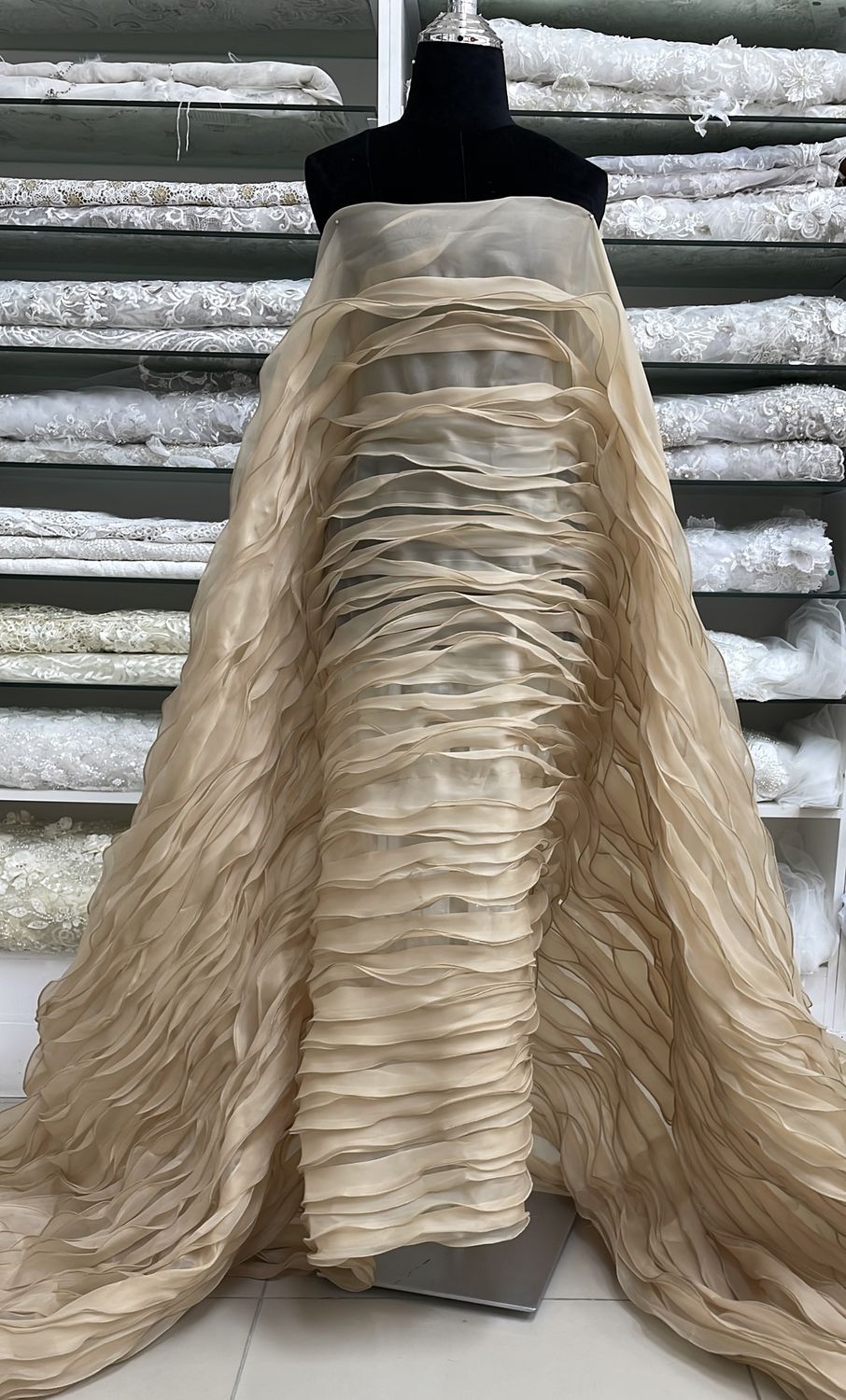 Dress Fabric Organza Horizontal  Frills-per m-142-03-CHAMPAGNE