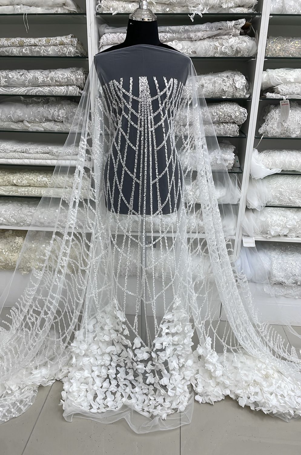 Wedding Dress Fabric Tulle Emb Bead Applique-per m-145-02-OFF WHITE