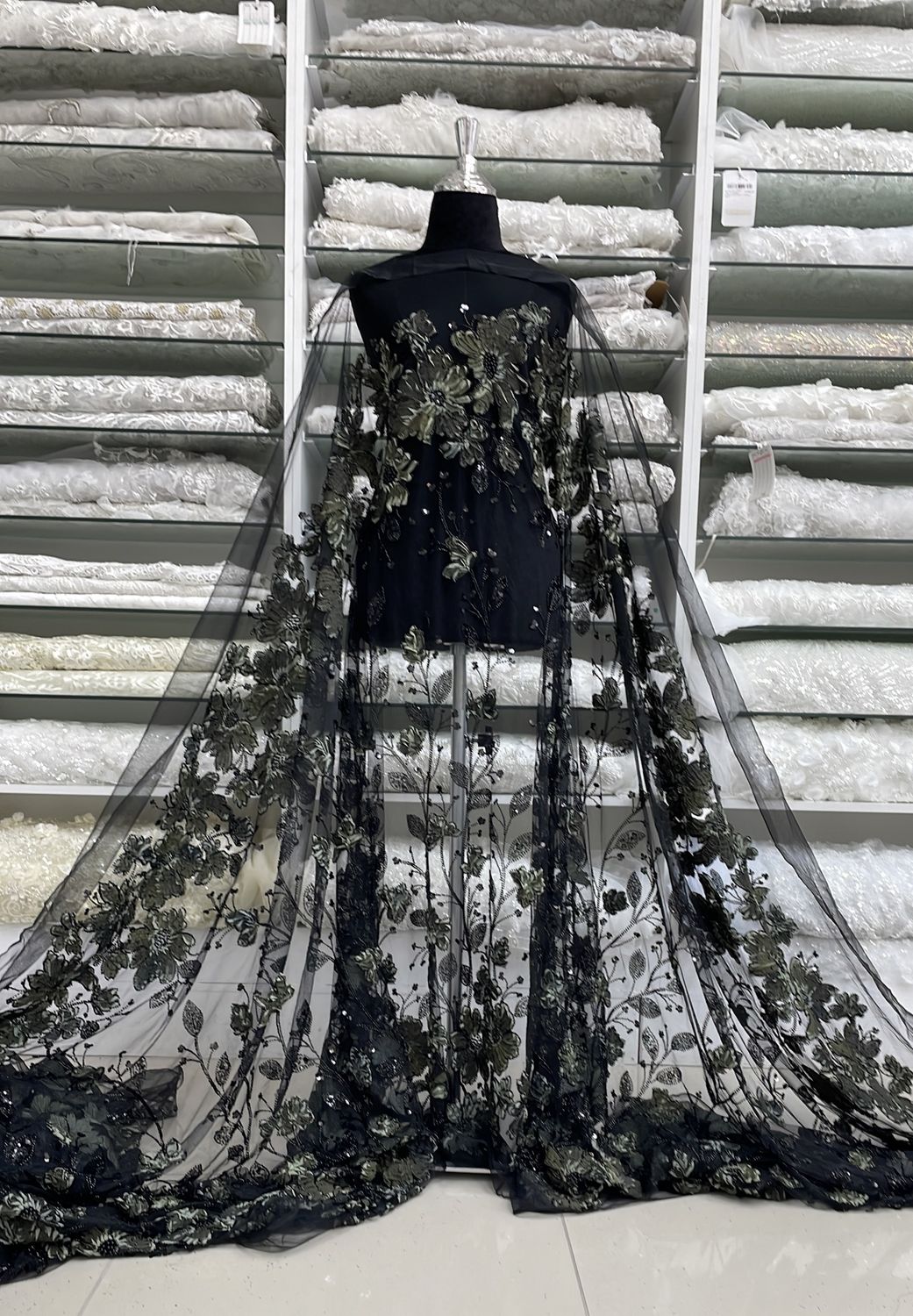 Dress Fabric Tulle Emb Bead Ribbon-per m-137-05-BLACK/GREEN