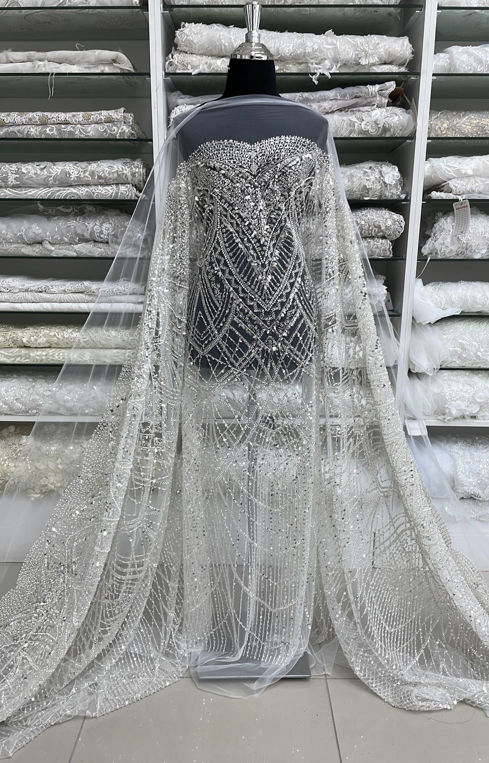 Wedding Dress Fabric Tulle Emb Bead-per m-137-01-WHITE SILVER