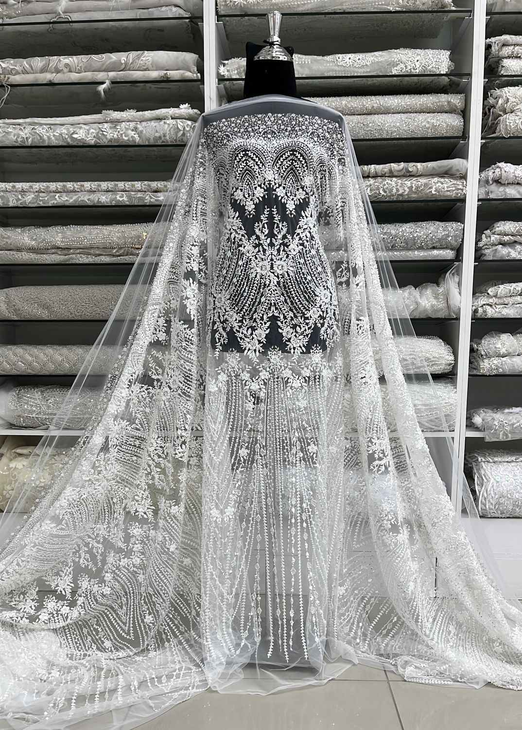 Wedding Dress Fabric Lace Embroidery with embelishments-per m-137-07-IVORY