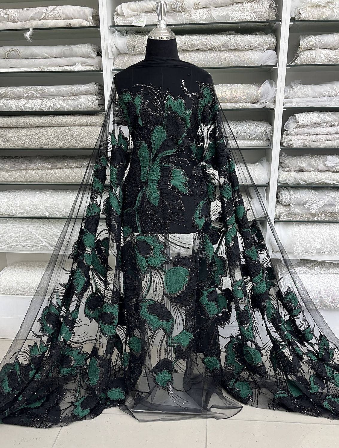 TULLE EMB BEADED RIBBON Evening Gown-per m-150-01-BLACK BOTTLE GREEN