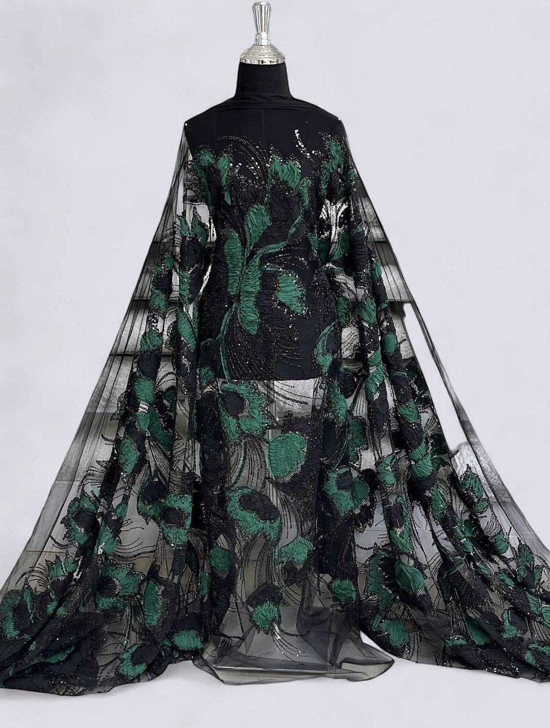 TULLE EMB BEADED RIBBON Evening Gown-per m-150-01-BLACK BOTTLE GREEN