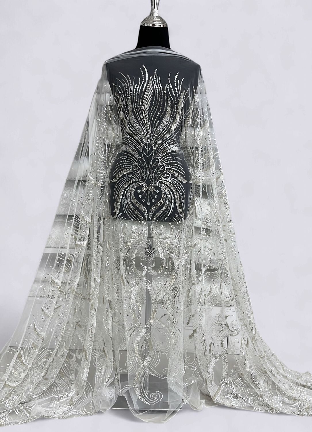 TULLE EMB BEADED Bridal Fabric-per m-150-05-WHITE SILVER