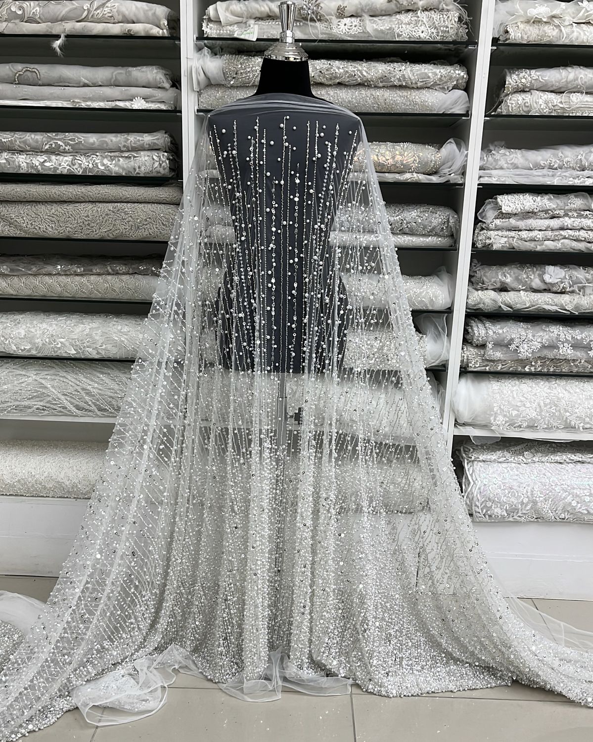 TULLE PEARLS SEQUINS Bridal Fabric-per m-150-05-WHITE