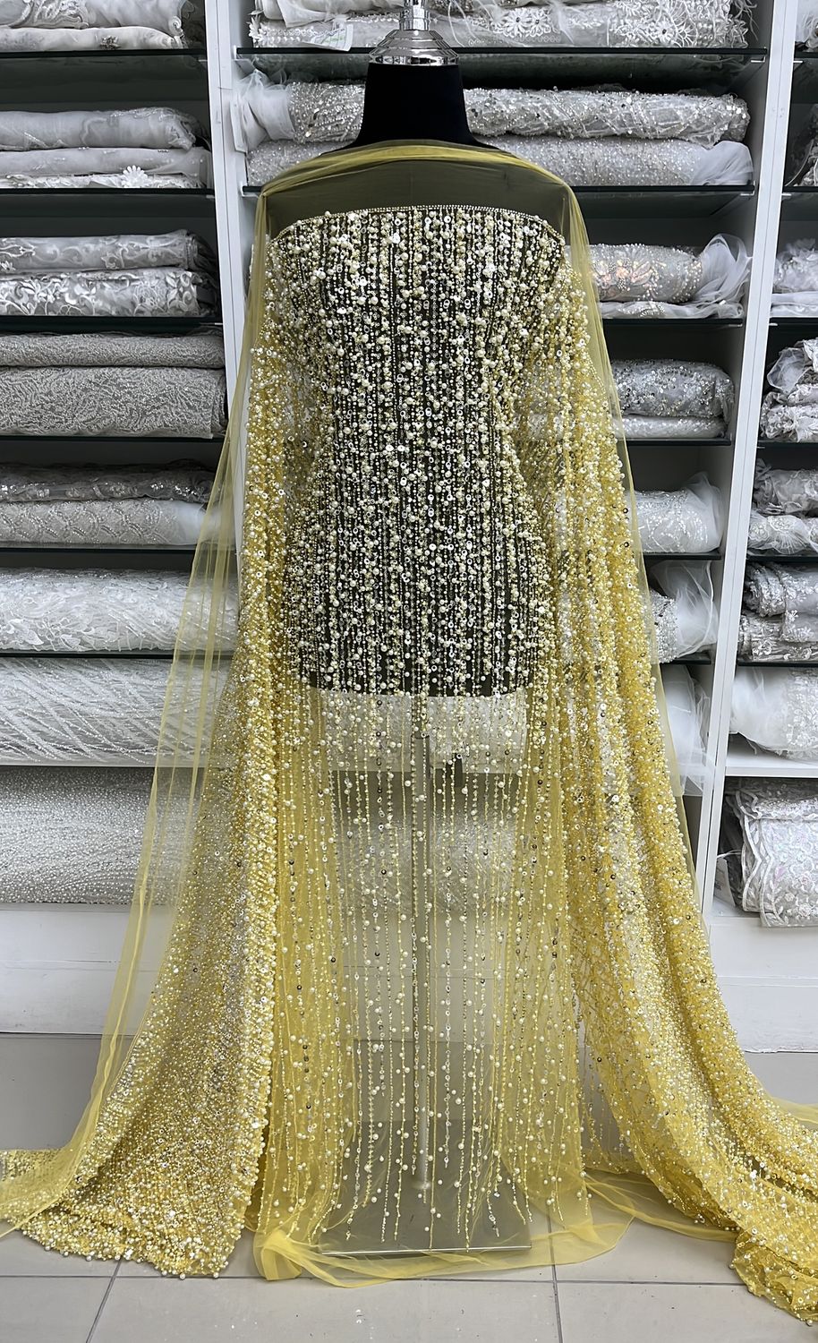 TULLE PEARLS SEQUINS Evening Gown-per m-150-08-LIGHT MUSTARD