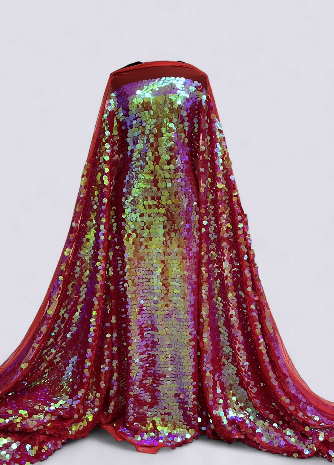 Dress Fabric TULLE SEQUINS 17mm Evening Gown-per m-150-14-MOTHER OF PEARL RED