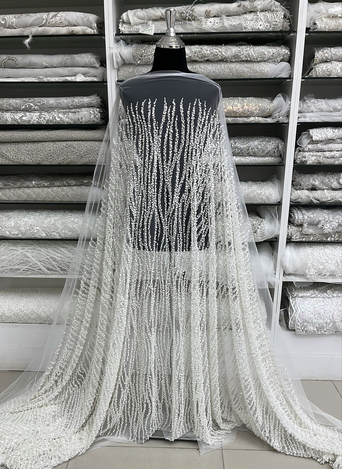 TULLE EMB BEADED PEARLS Bridal Fabric-per m-150-01-OFF WHITE SILVER