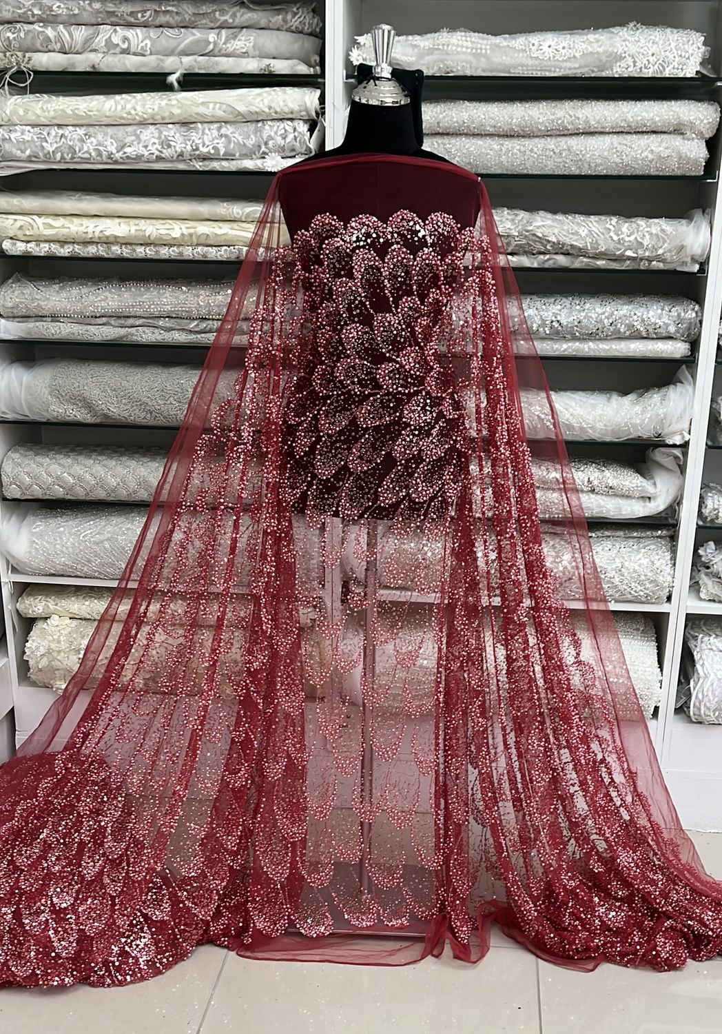 TULLE PEARL SEQUINS Evening Gown-per m-150-05-RED