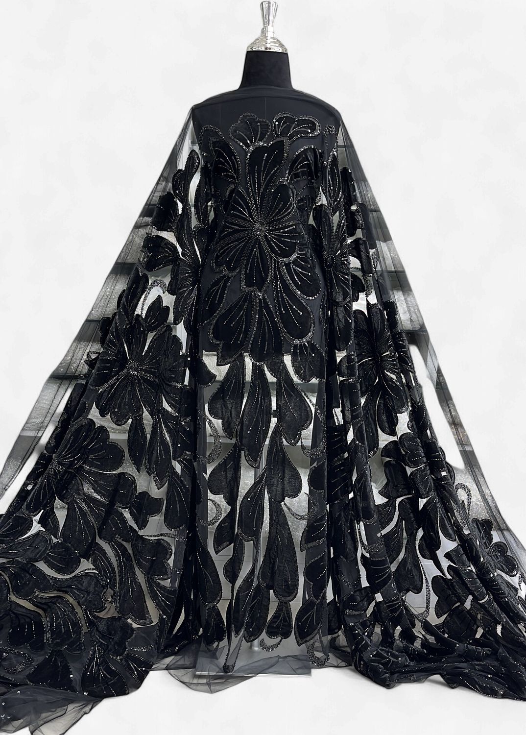 TULLE EMB VELVET LASER CUT Evening Gown-per m-150-04-BLACK
