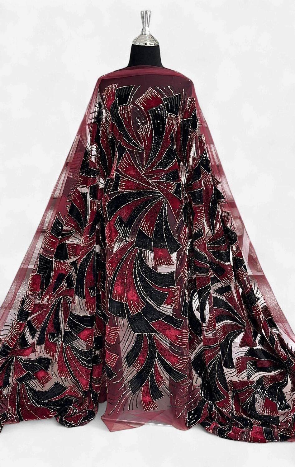 TULLE EMB VELVET LASER CUT Evening Gown-per m-150-06-MAROON BLACK