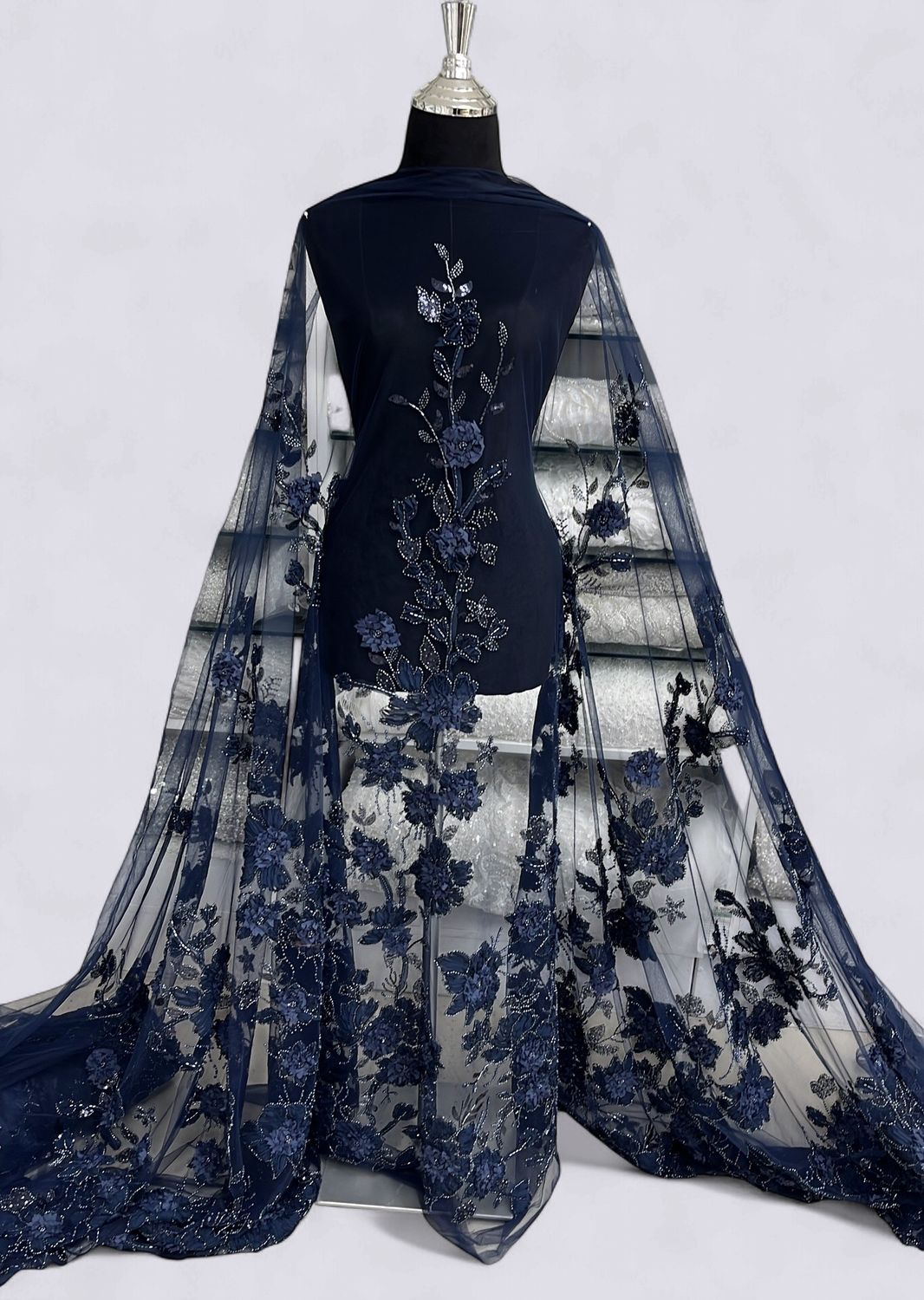 TULLE EMB BEADED RIBBON Evening Gown-per m-150-11A-NAVY