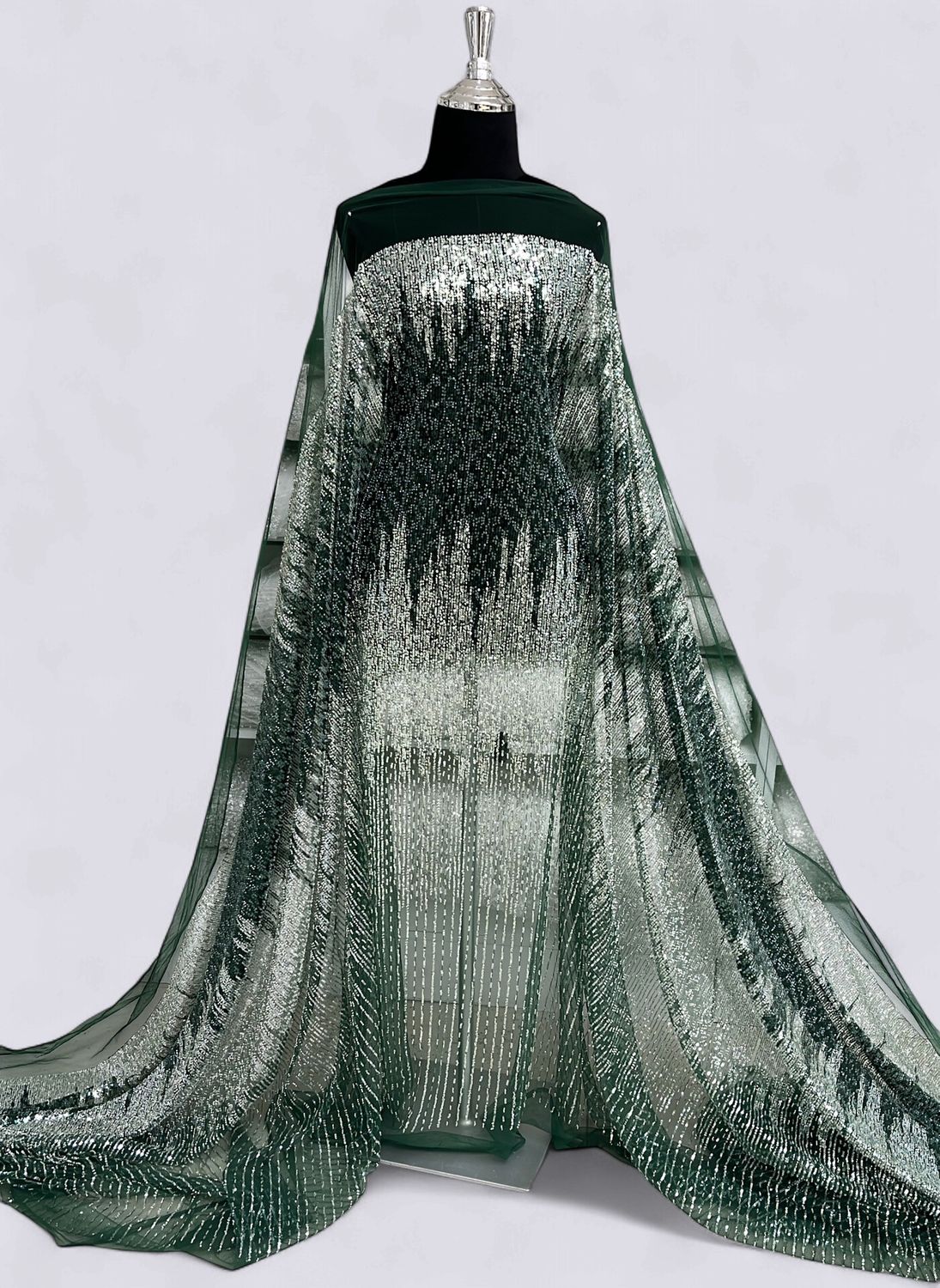 TULLE EMB BEADED Evening Gown-per m-150-06-BOTTLE GREEN SILVER