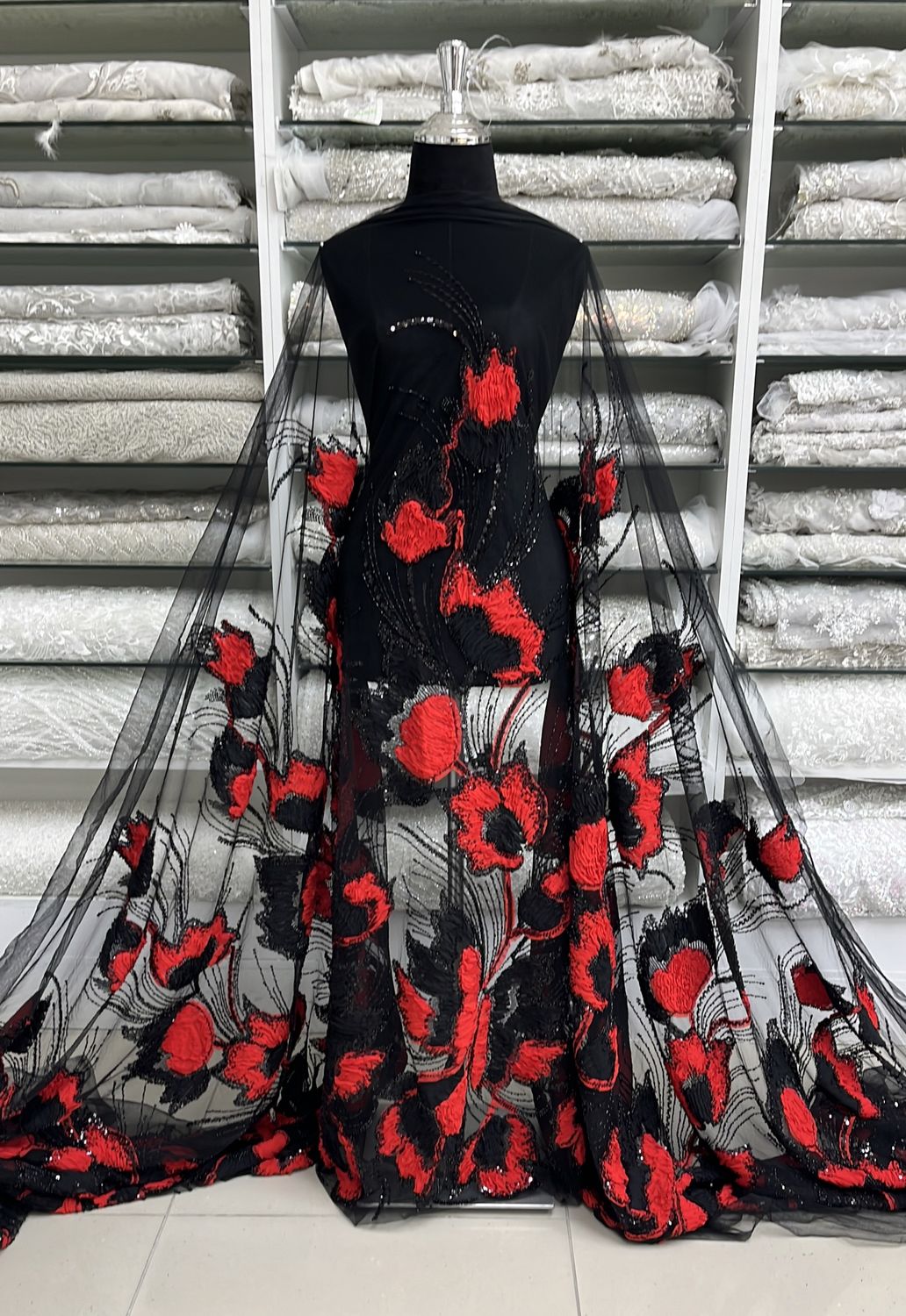 TULLE EMB BEADED RIBBON Evening Gown-per m-150-07-BLACK RED