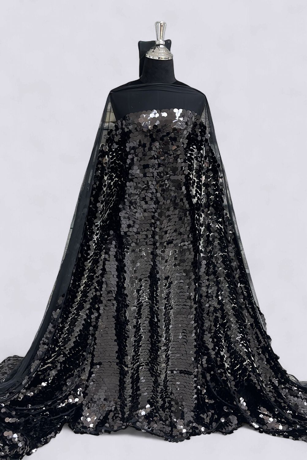 Dress Fabric TULLE SEQUINS 17mm Evening Gown-per m-150-01- BLACK