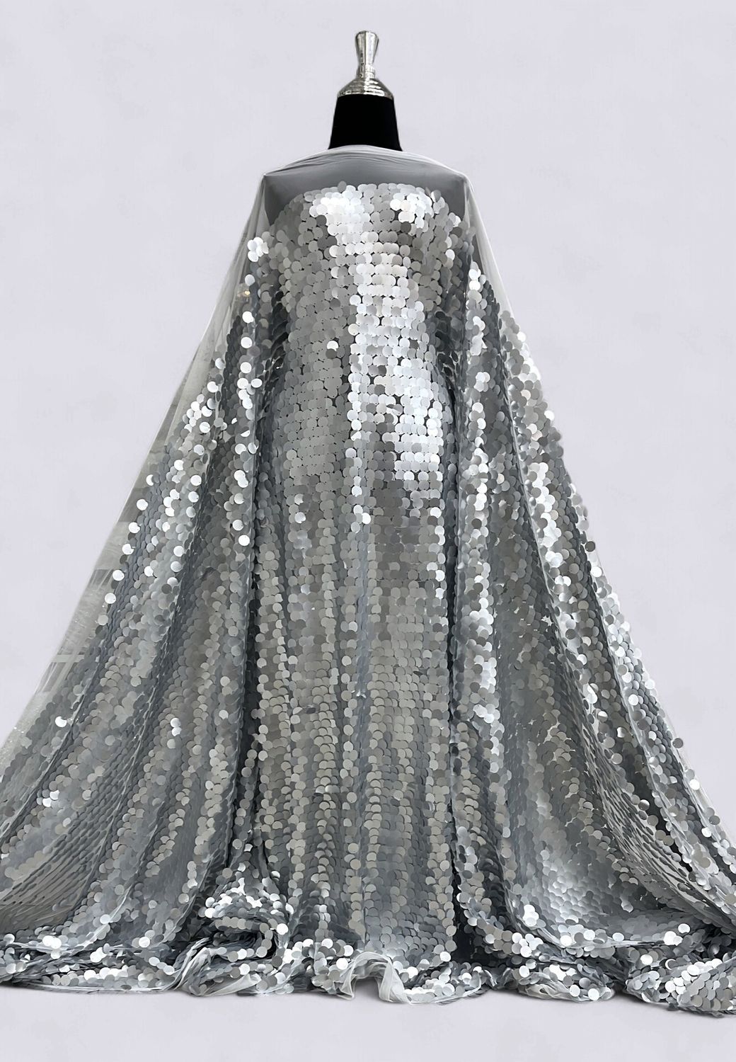 Dress Fabric TULLE SEQUINS 17mm Evening Gown-per m-150-03-MATT SILVER