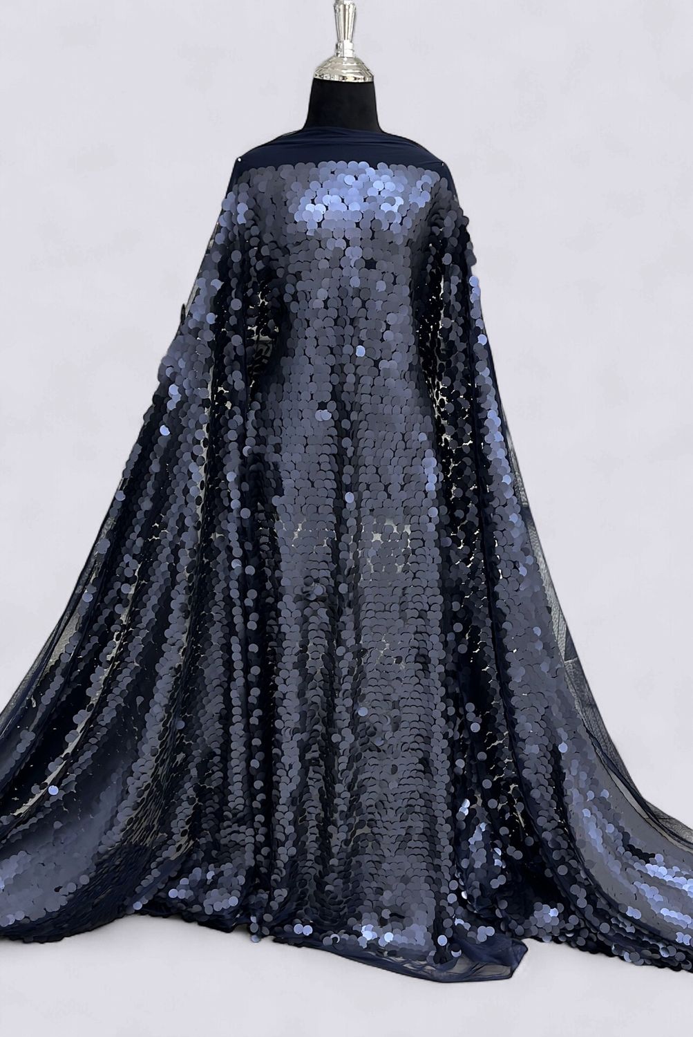 Dress Fabric TULLE SEQUINS 17mm Evening Gown-per m-150-07-NAVY BLUE