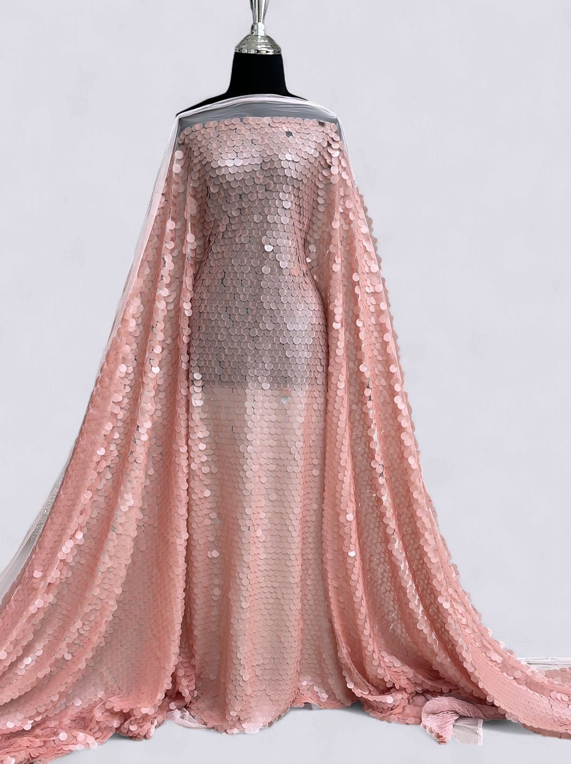 Dress Fabric TULLE SEQUINS 17mm Evening Gown-per m-150-09-MATT PEACH