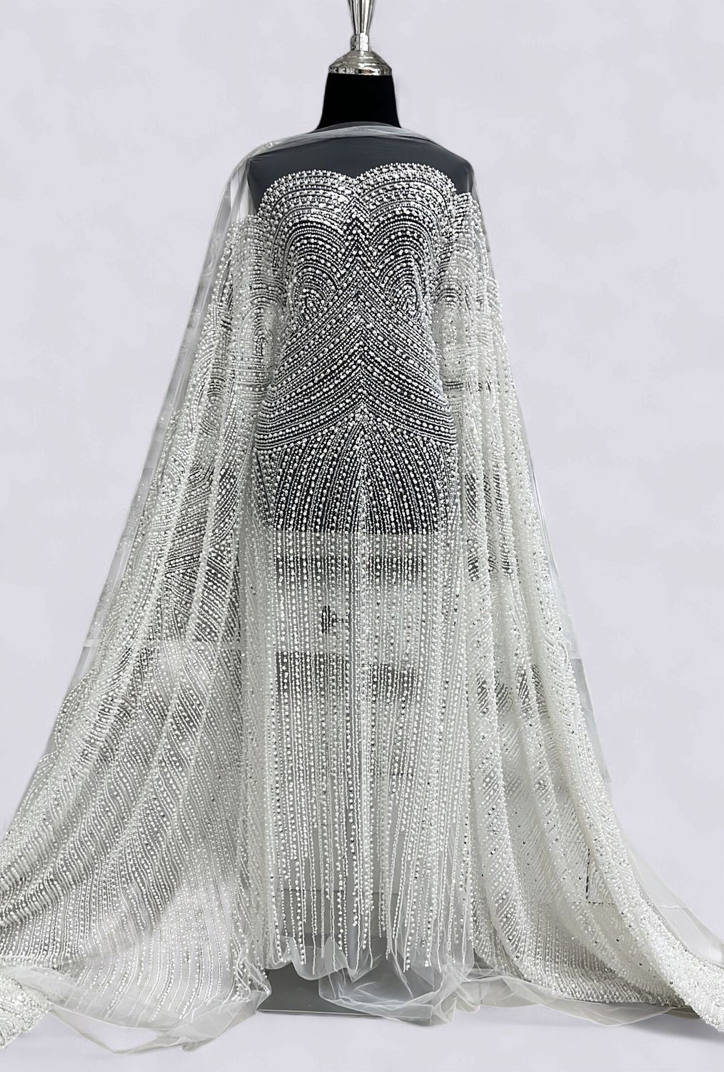 TULLE EMB PEARLS Bridal Fabric-per m-150-01-WHITE TULLE EMB PEARLS Bridal Fabric-per m-150-01-WHITE