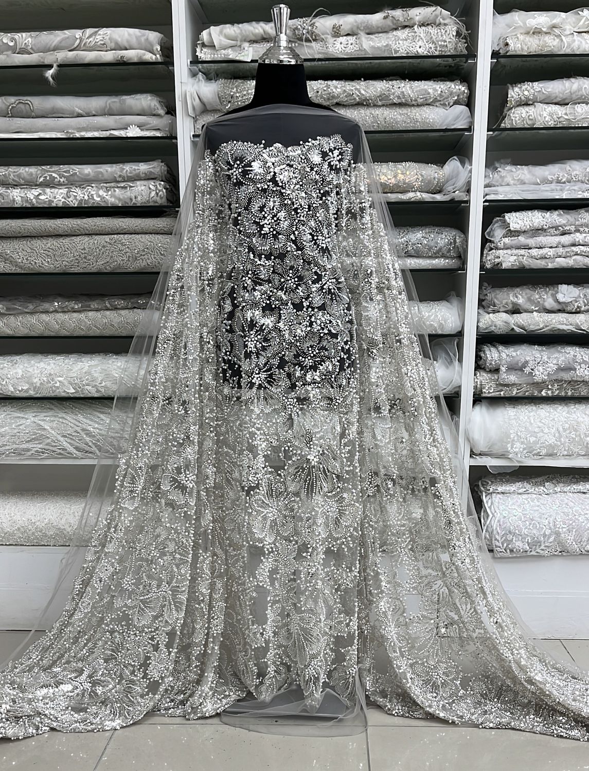 TULLE PEARL SEQUINS Evening Gown-per m-150-09-LIGHT GREY