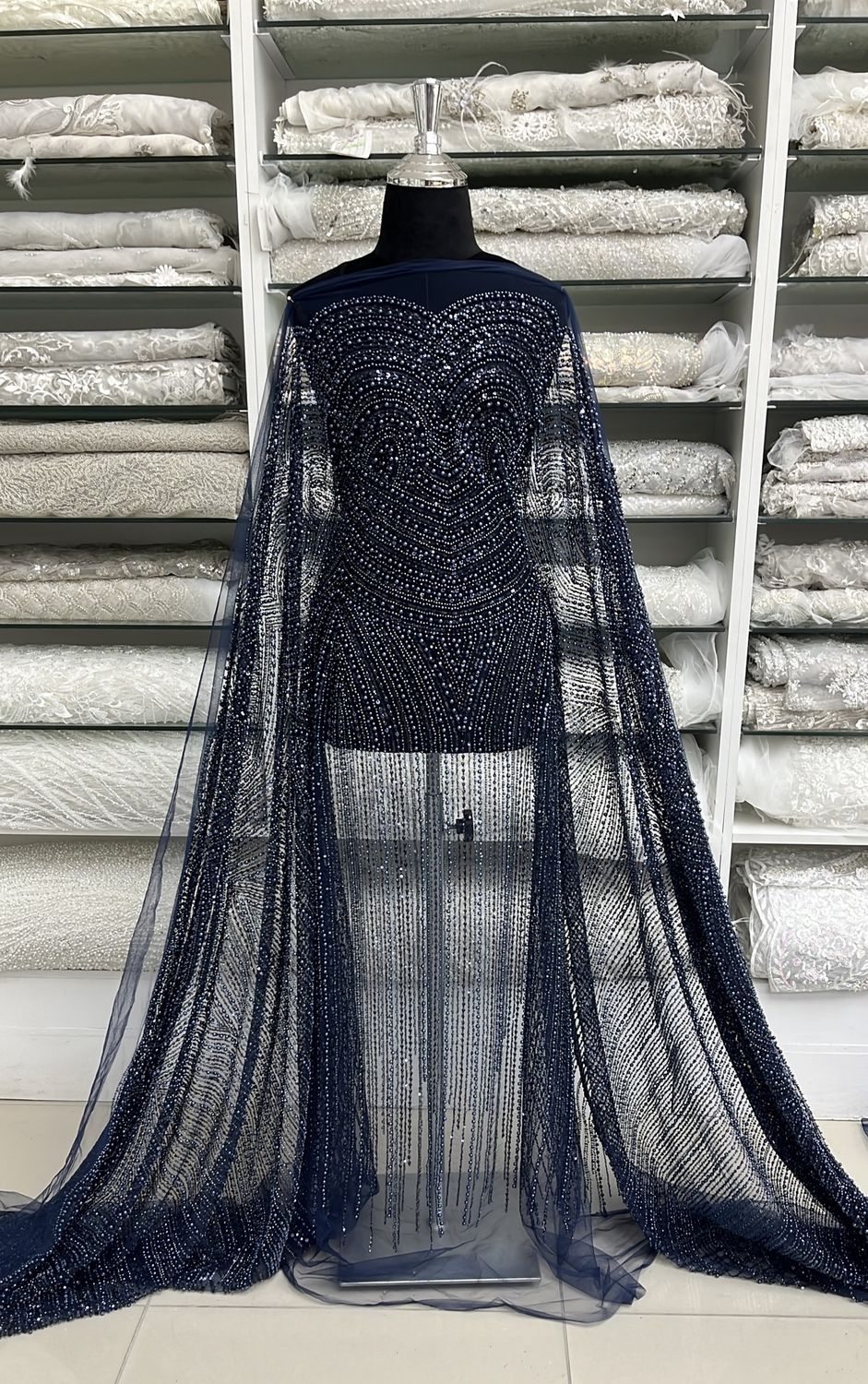 TULLE EMB PEARLS Evening Gown-per m-150-65-NAVY