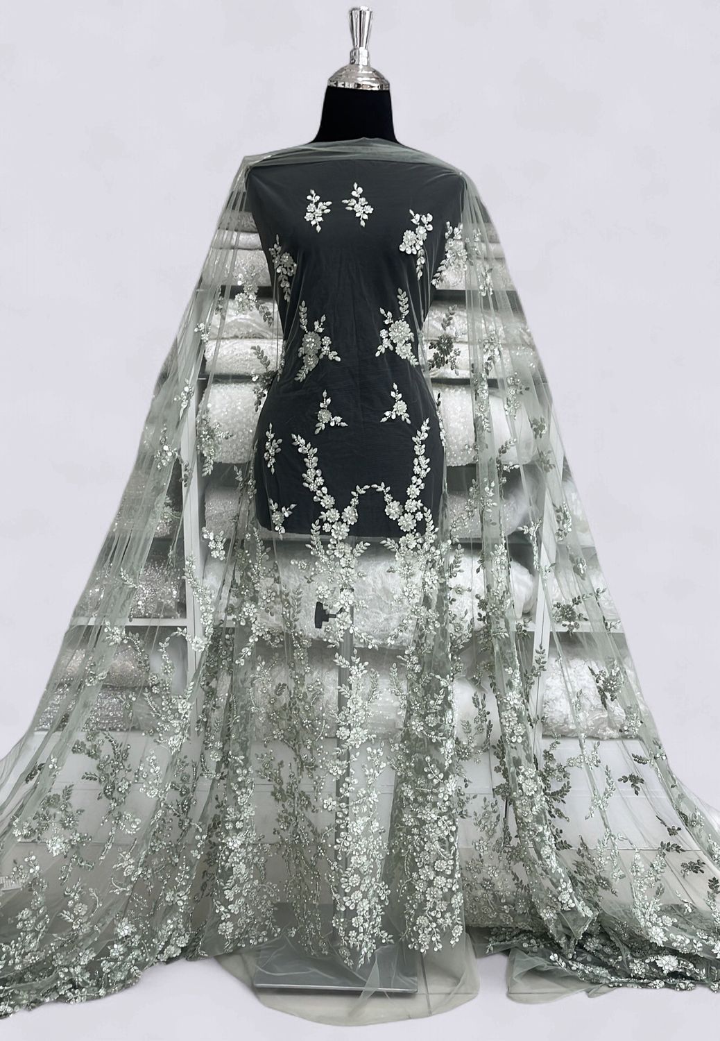 TULLE EMB BEADED APPLIQUE Evening Gown-per m-150-05-SAGE