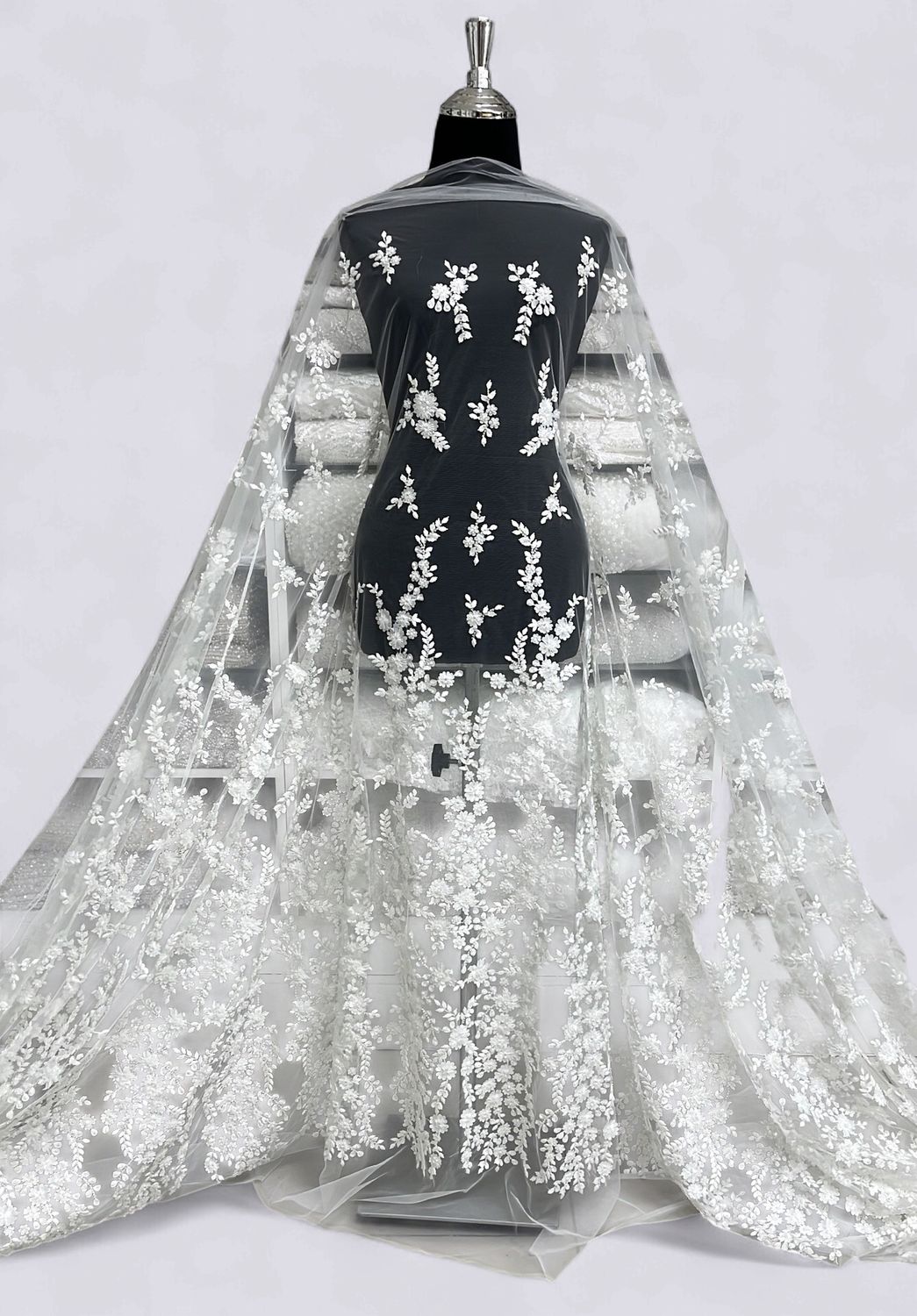 TULLE EMB BEADED APPLIQUE Bridal Fabric-per m-150-01-WHITE TULLE EMB BEADED APPLIQUE Bridal Fabric-per m-150-01-WHITE