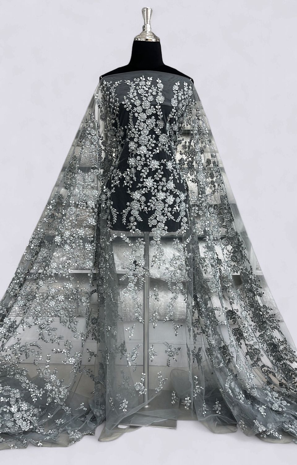 TULLE EMB BEADED APPLIQUE Evening Gown-per m-150-06-CHARCOAL TULLE EMB BEADED APPLIQUE Evening Gown-per m-150-06-CHARCOAL