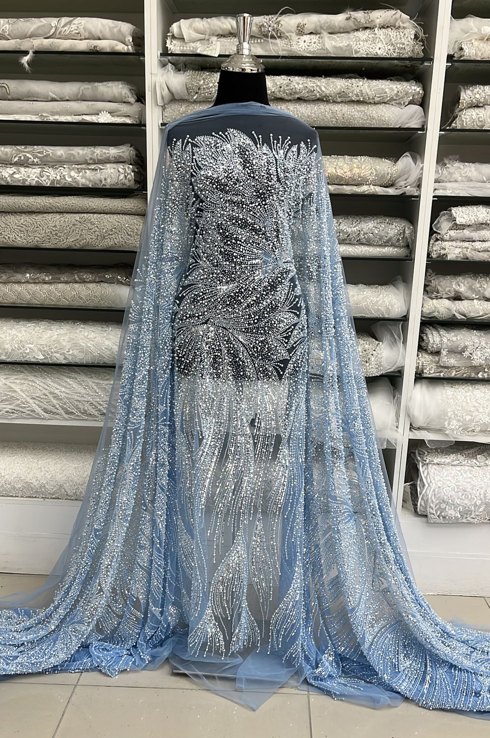 TULLE PEARLS Evening Gown-per m-150-05-POWDER BLUE