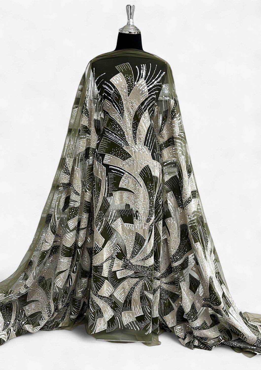 TULLE EMB VELVET LASER CUT Evening Gown-per m-150-02-TAUPE OLIVE