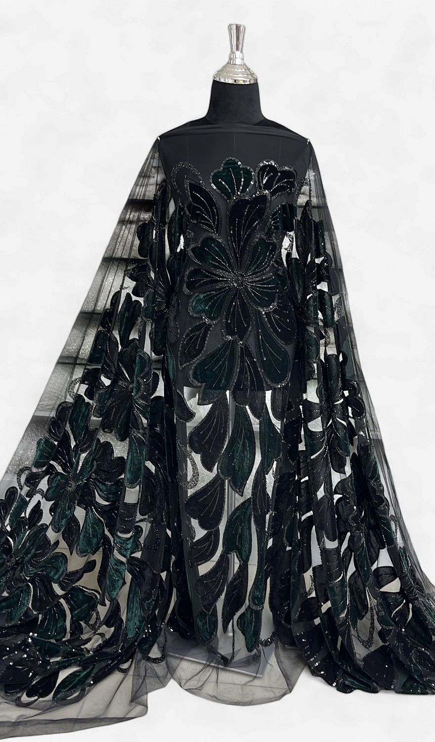TULLE EMB VELVET LASER CUT Evening Gown-per m-150-05-BLACK GREEN