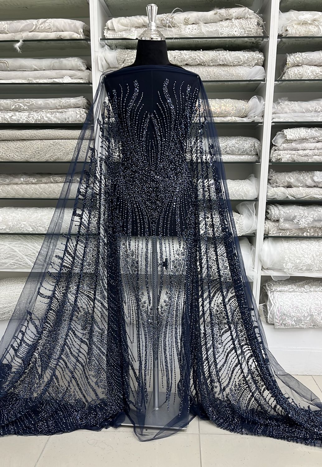 TULLE EMB PEARLS Evening Gown-per m-150-06-NAVY