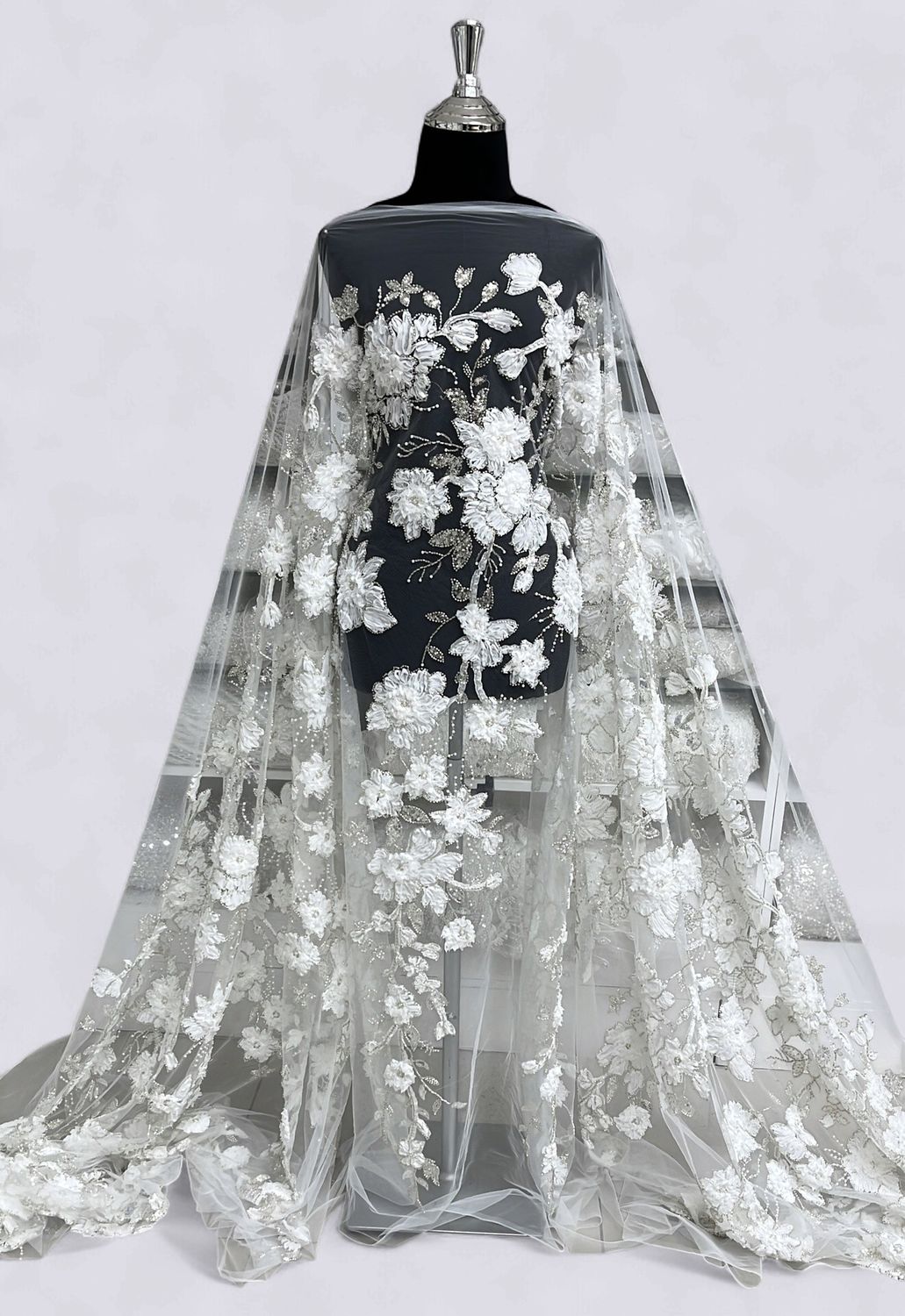 TULLE EMB BEADED RIBBON Bridal Fabric-per m-150-07-WHITE