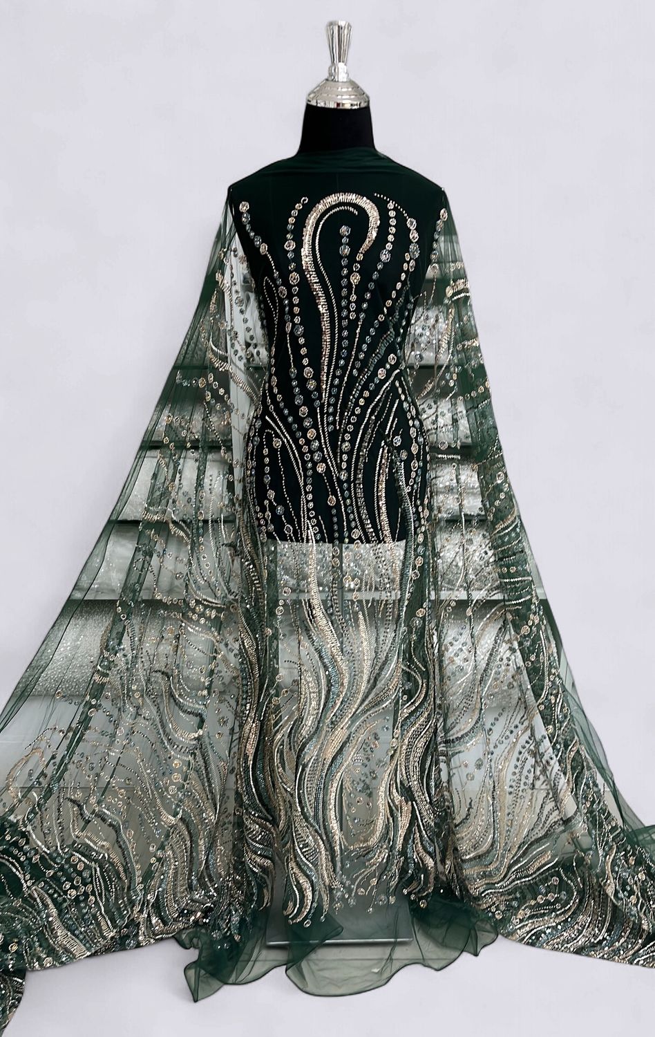 TULLE EMB BEADED Evening Gown-per m-150-01-BOTTLE GREEN