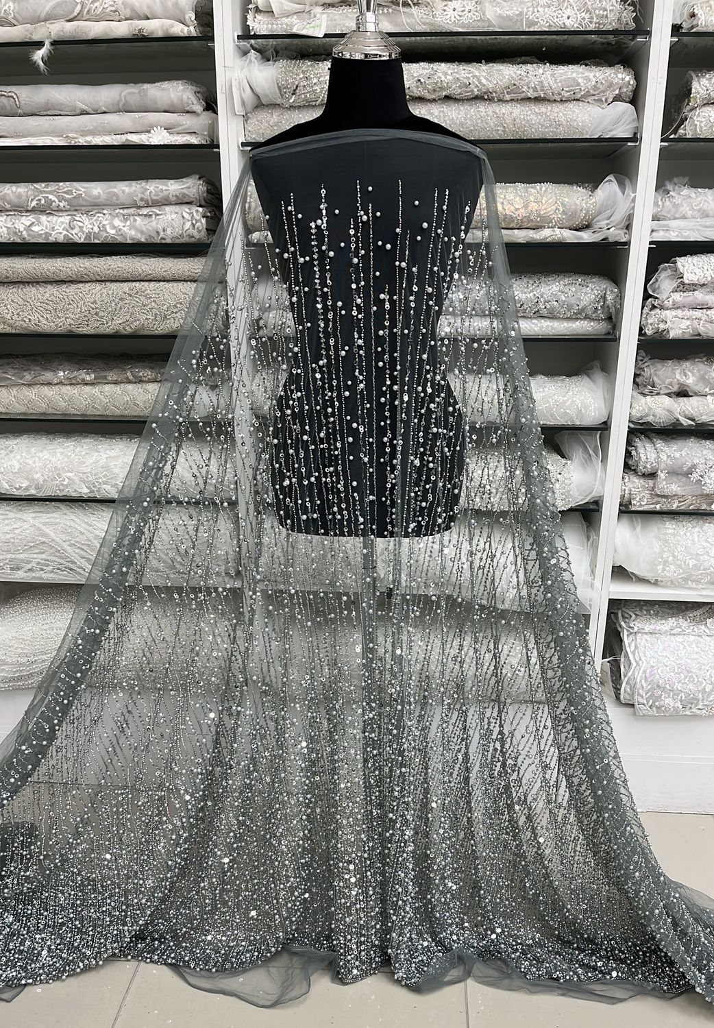 TULLE PEARLS SEQUINS Evening Gown-per m-150-04-GREY