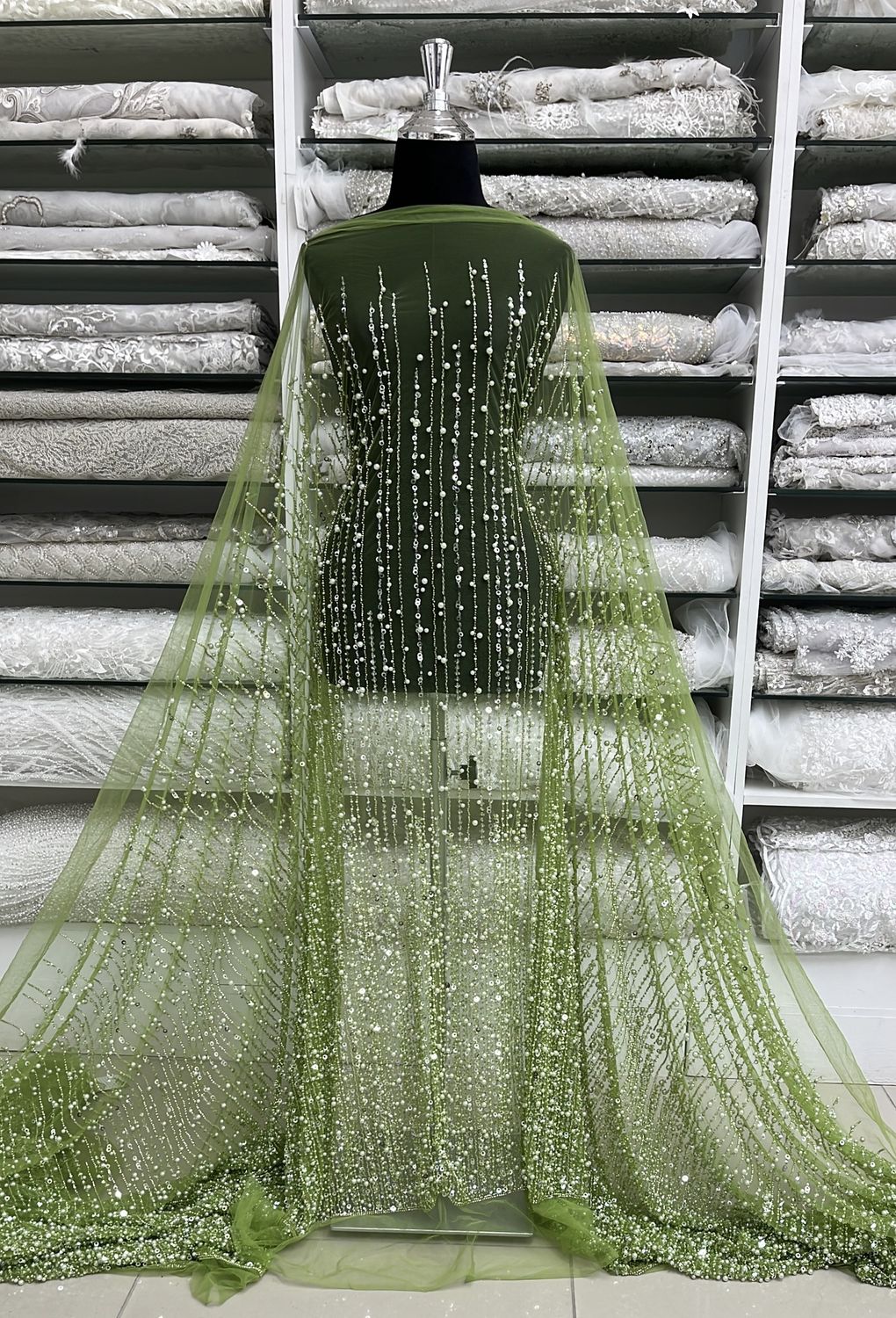 TULLE PEARLS SEQUINS Evening Gown-per m-150-03-LIME GREEN