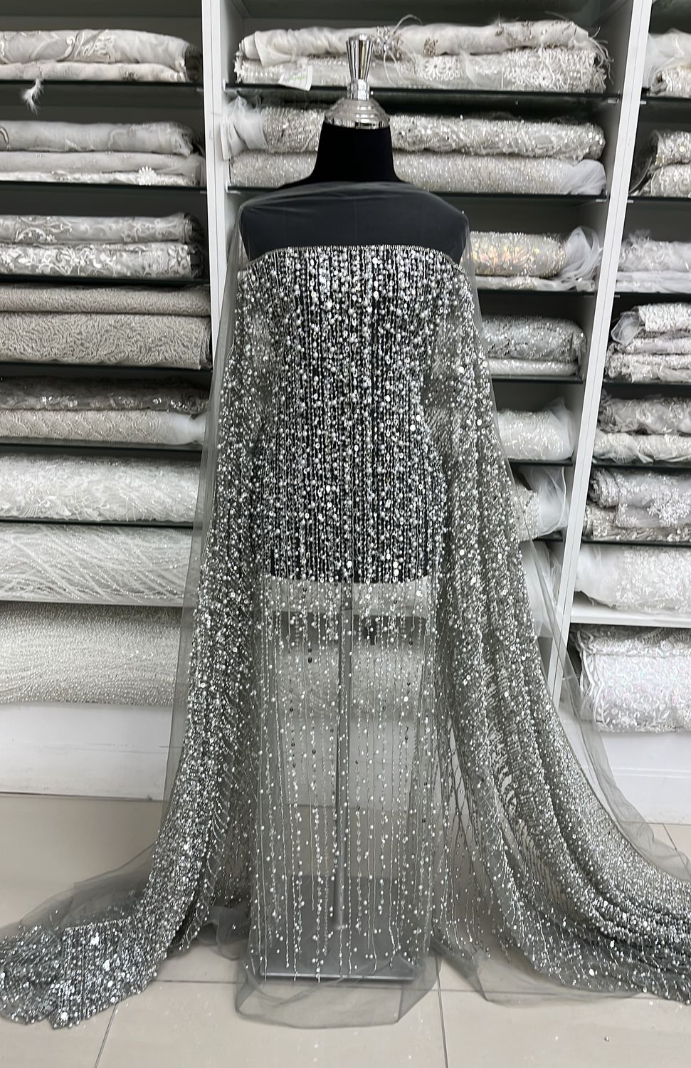 TULLE PEARLS SEQUINS Evening Gown-per m-150-07-LIGHT GREY