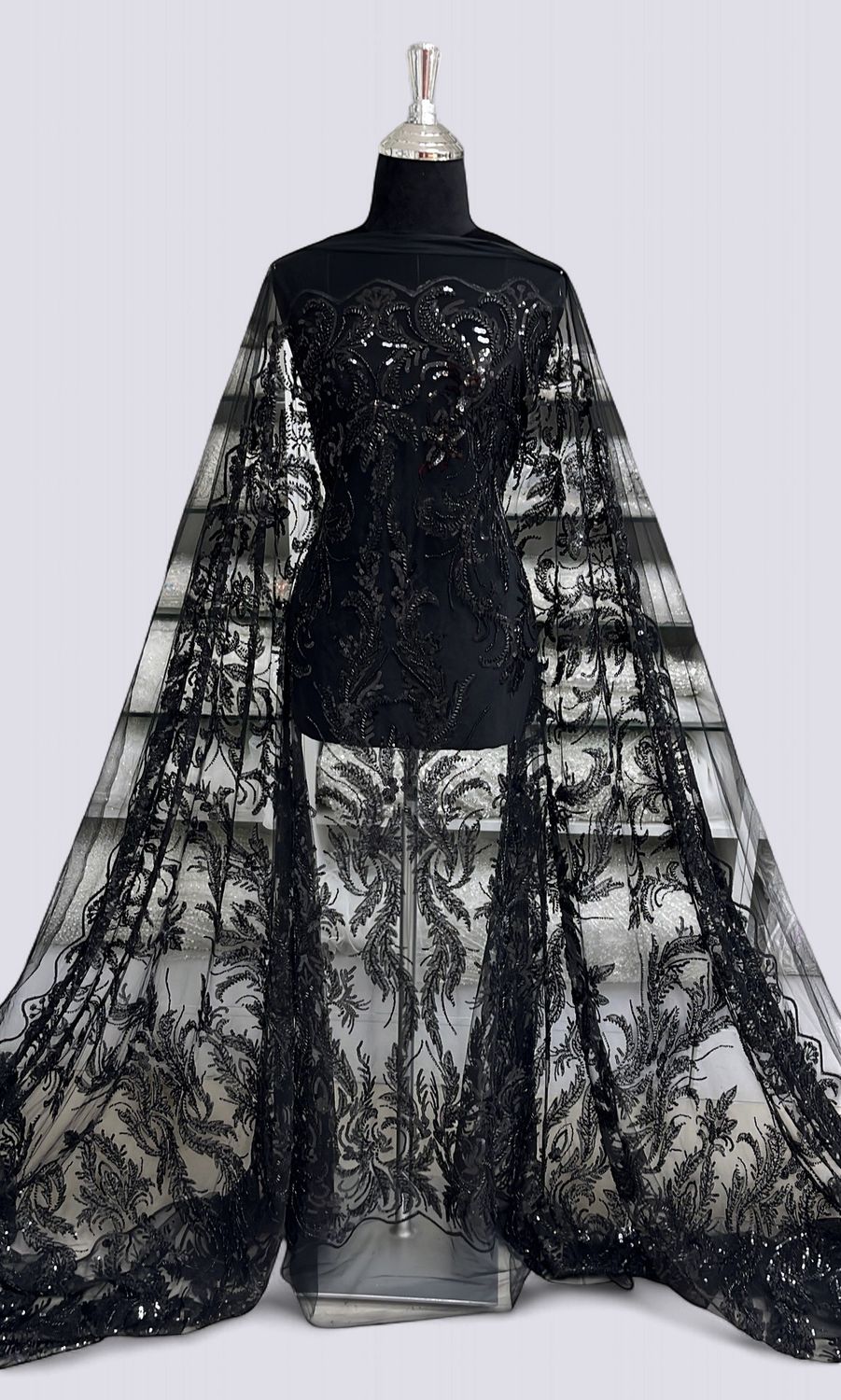 TULLE EMBROIDERY Evening Gown-per m-150-01-BLACK