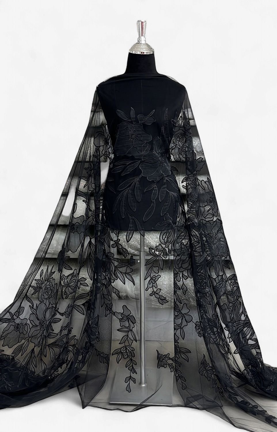 TULLE EMBROIDERY Evening Gown-per m-150-099-BLACK