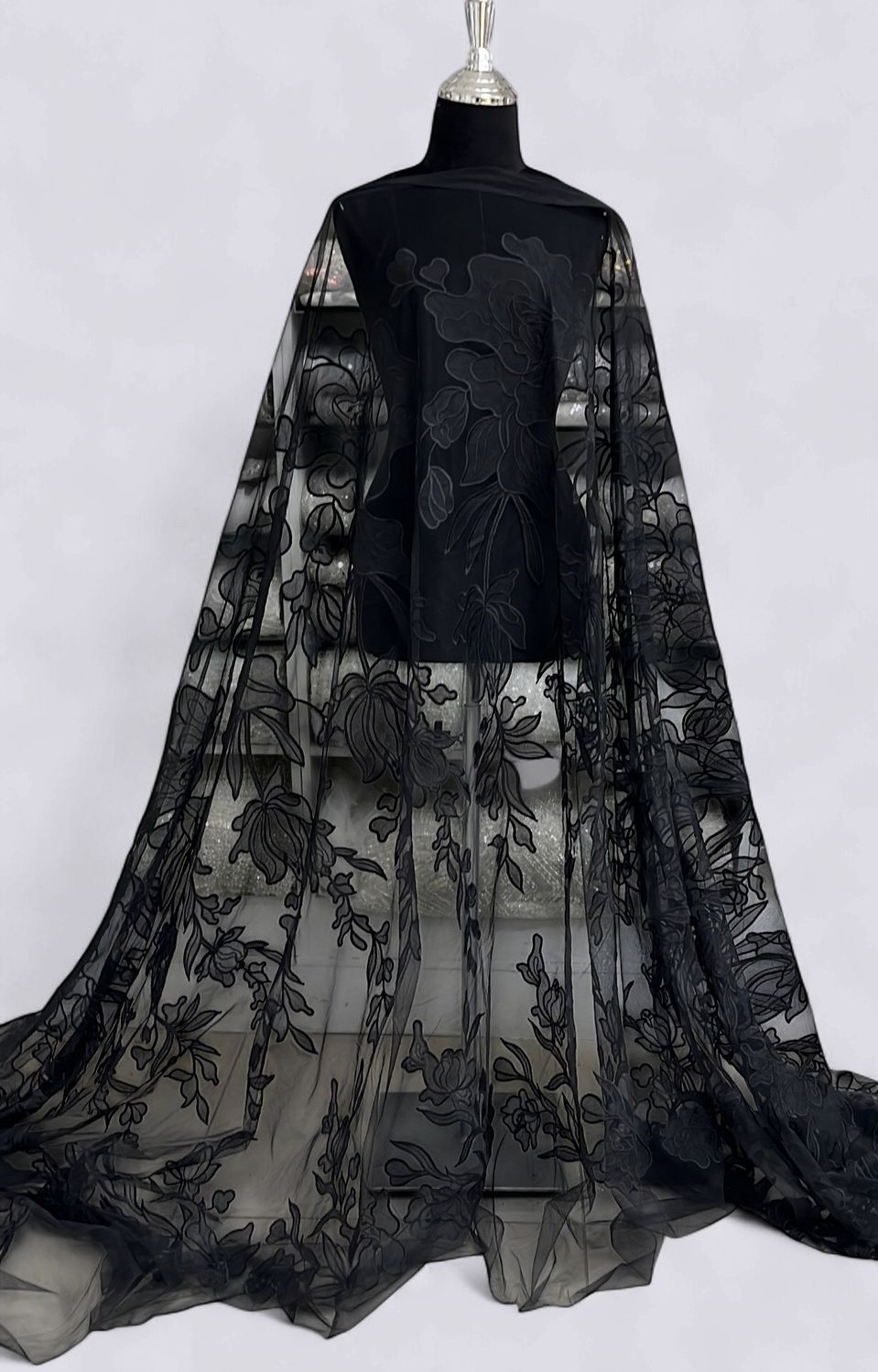 TULLE EMBROIDERY Evening Gown-per m-150-99-BLACK