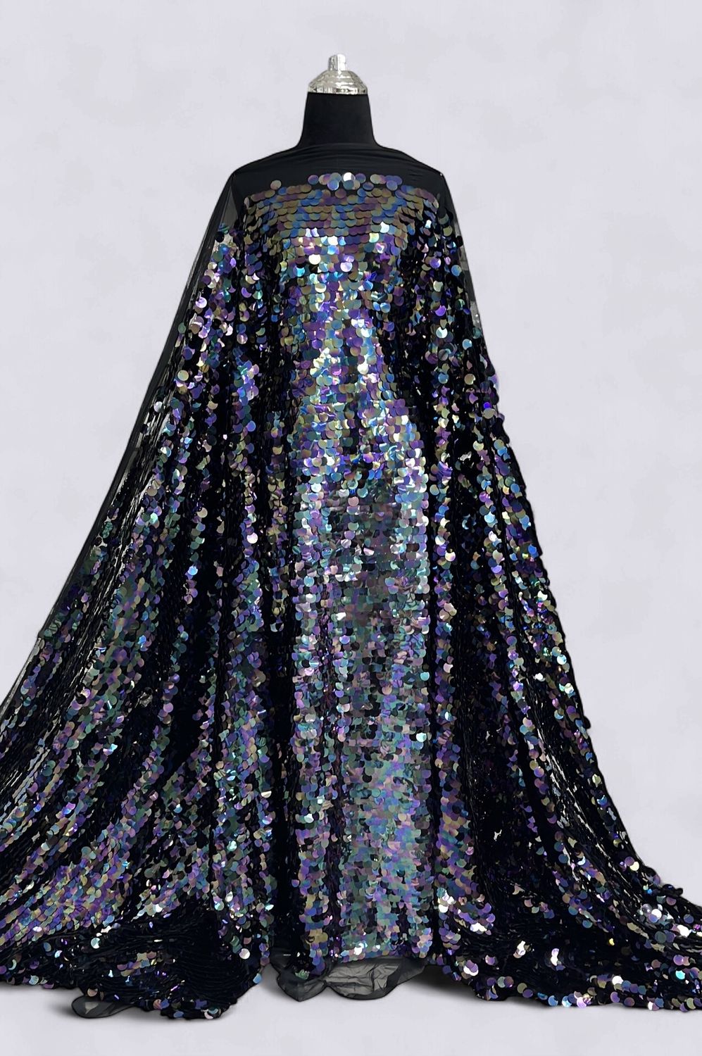 Dress Fabric TULLE SEQUINS 17mm Evening Gown-per m-150-13-BLACK PETROL