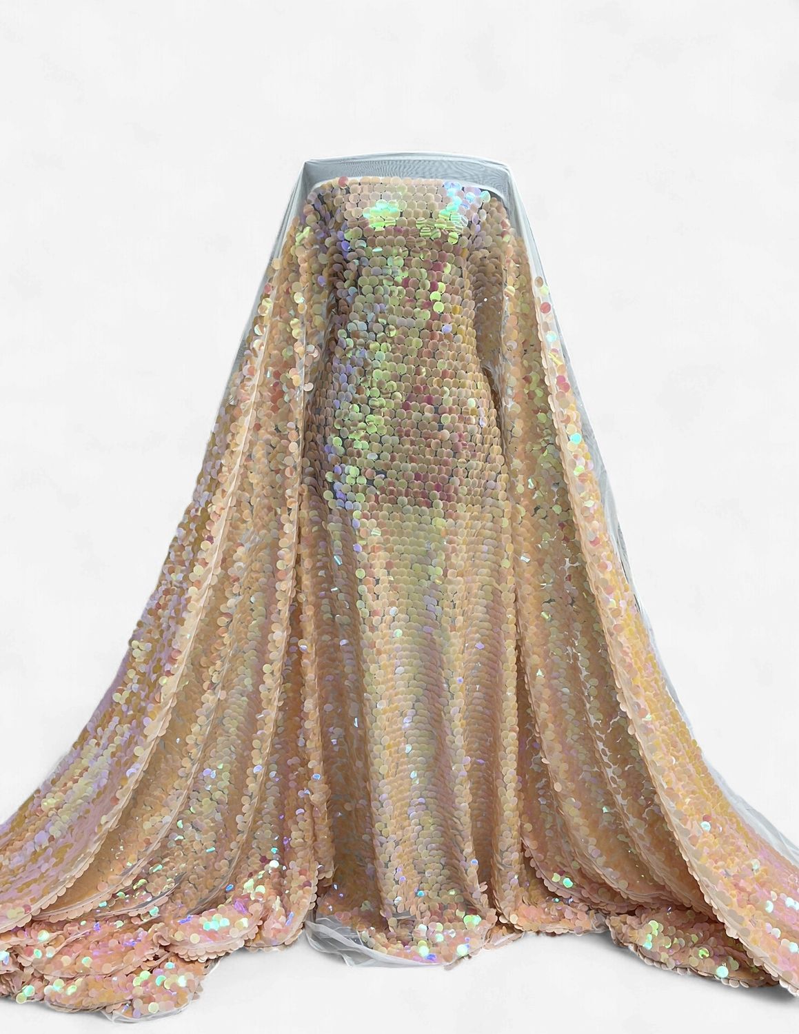 Dress Fabric TULLE SEQUINS 17mm Evening Gown-per m-150-12-MOTHER OF PEARL PEACH