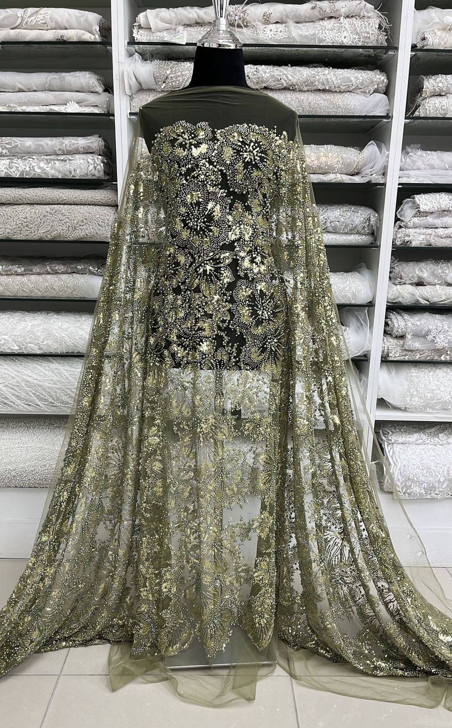 TULLE PEARL SEQUINS Evening Gown-per m-150-10-OLIVE