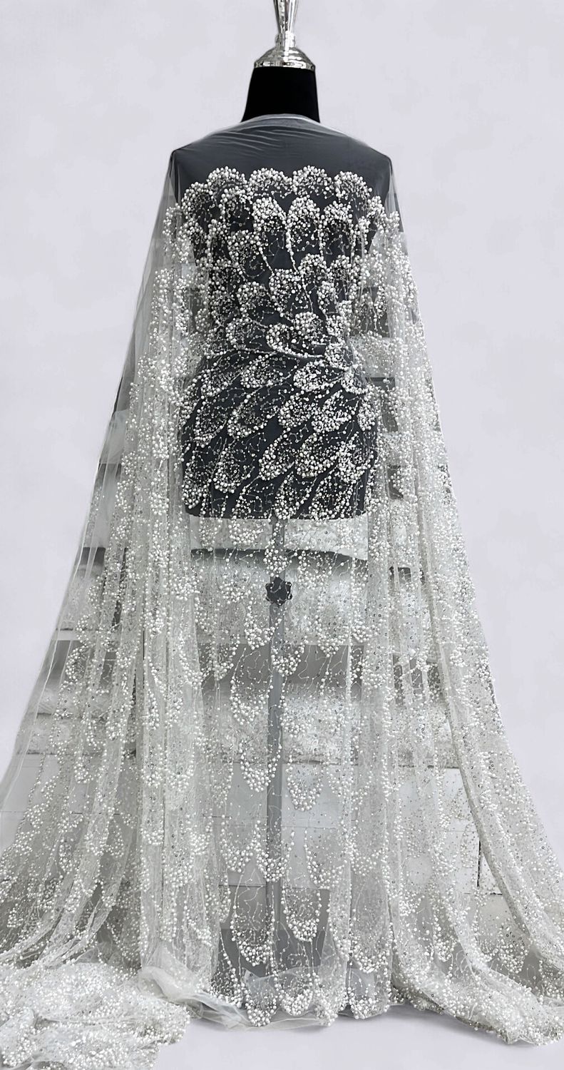 TULLE PEARL SEQUINS Bridal Fabric-per m-150-01-WHITE