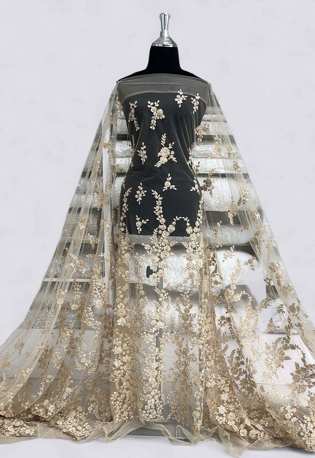 TULLE EMB BEADED APPLIQUE Evening Gown-per m-150-02-GOLD