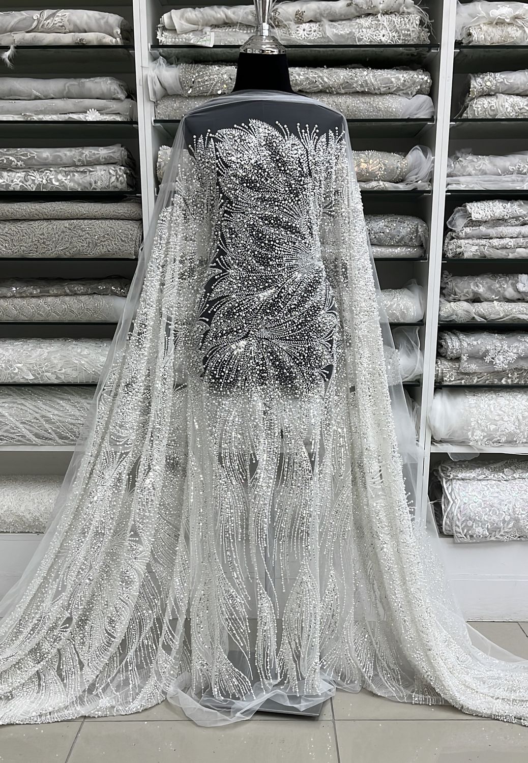 TULLE PEARLS Bridal Fabric-per m-150-01-WHITE